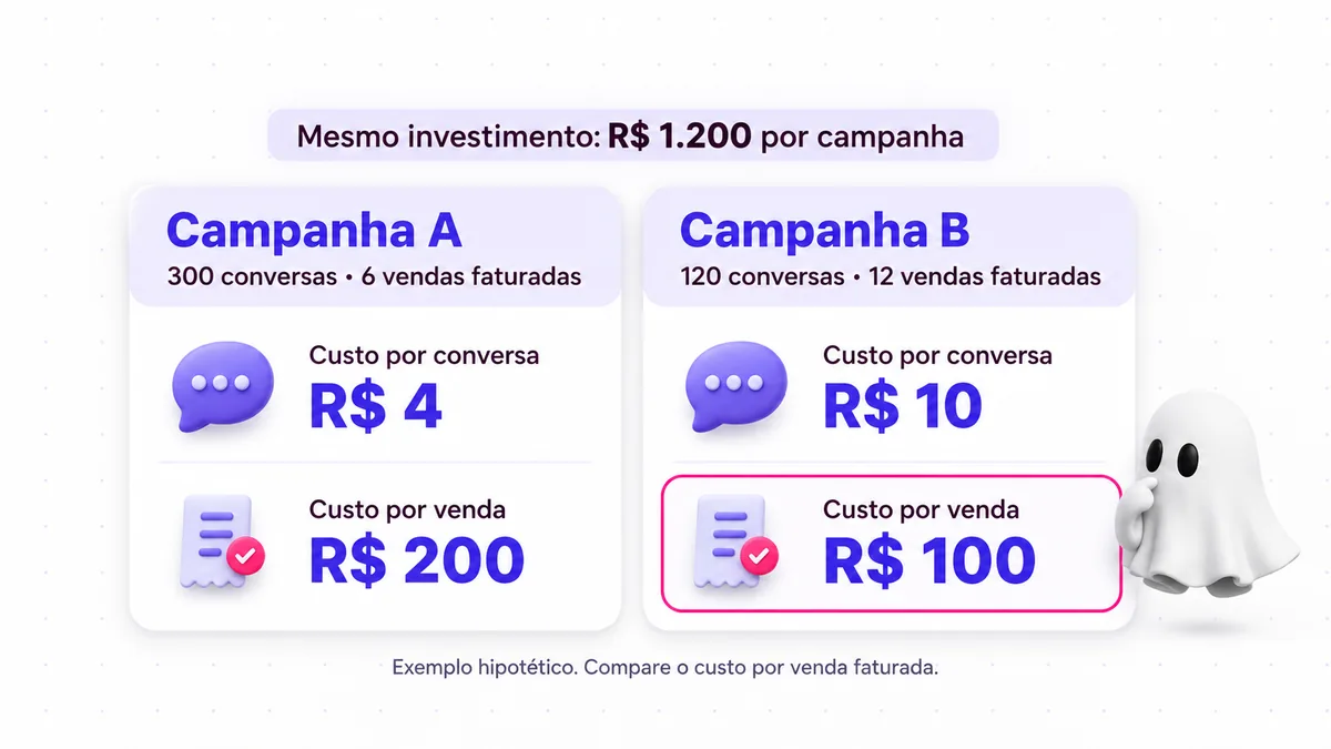 Duas campanhas com R$ 1.200: a de conversa mais barata é a que tem o custo por venda mais alto.