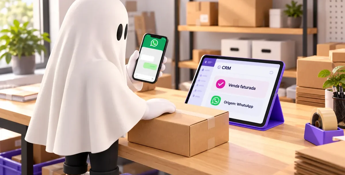 Conversa no WhatsApp e um CRM que marca venda faturada com origem WhatsApp, ilustrando quando o click to whatsapp vale a pena.